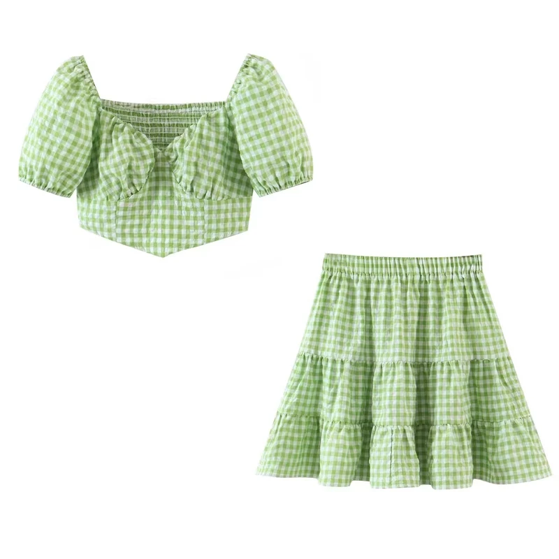 

ZXQJ Vintage Girls Green Plaid Skirts 2022 Spring Fashion Ladies Skirt Elastic Puff Sleeve Female Chic Pleated Mini Girls Skirt