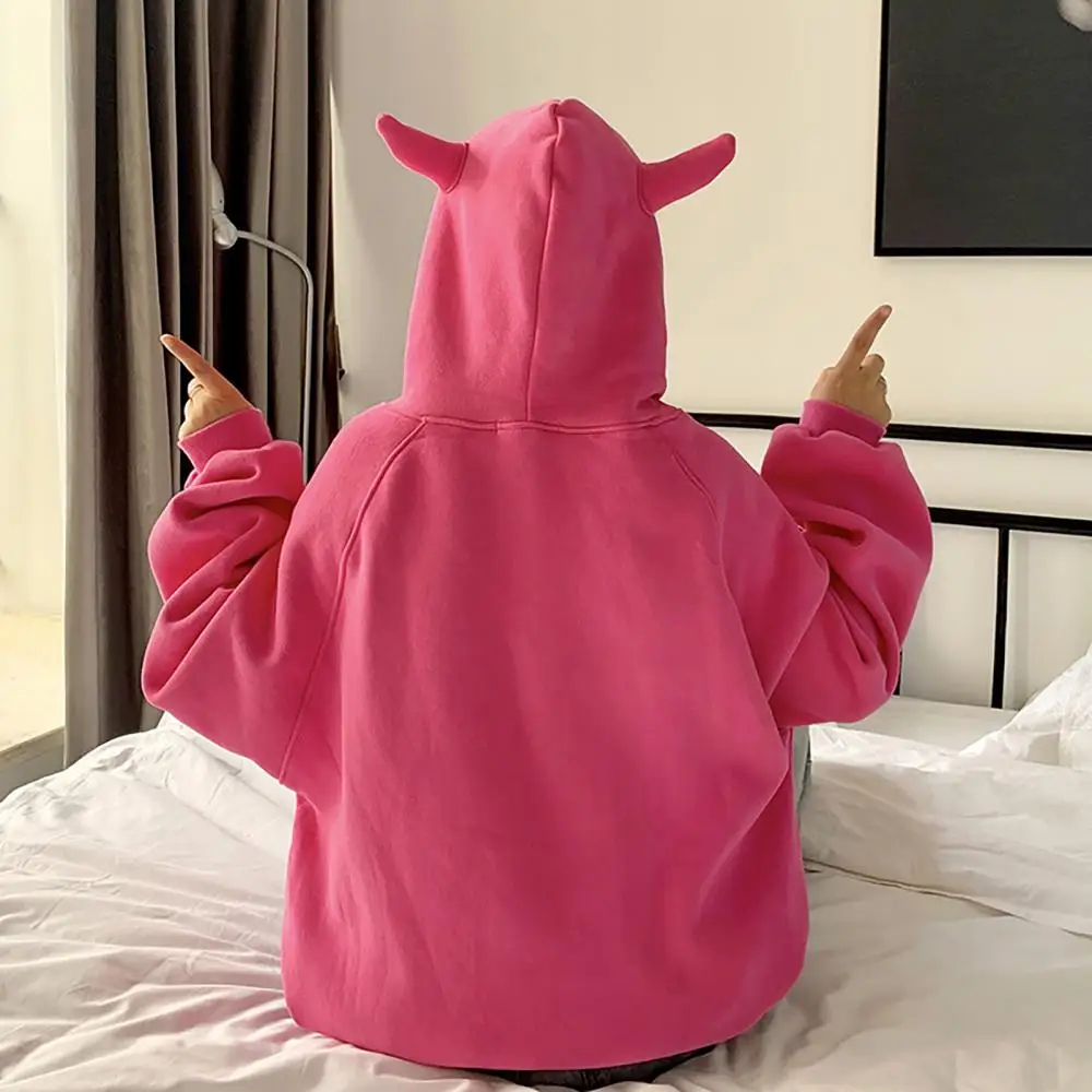 Women's autumn and winter cartoon long-sleeved hoodie cute horn hood oversized loose autumn and winter plush sweatshirt everyday