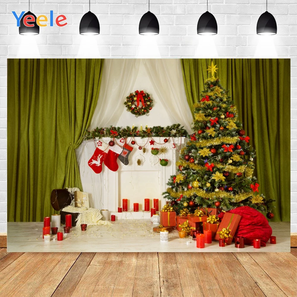 

Yeele Merry Christmas White Fireplace Red Balls Candles Gift Stocking Background Photography Backdrops for Decor Customized Size