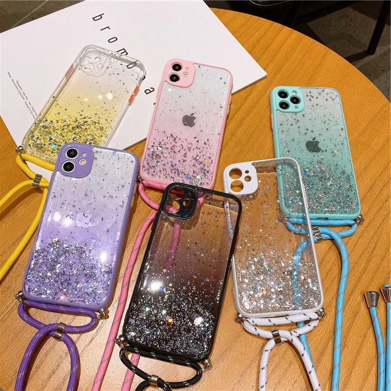 Bling Glitter Cases For OPPO Realme 5 6I C3 C11 C12 C15 A52 A72 A5 A9 A31 A53 2020 Stars Sequins Cord Chain Lanyard Case Coque