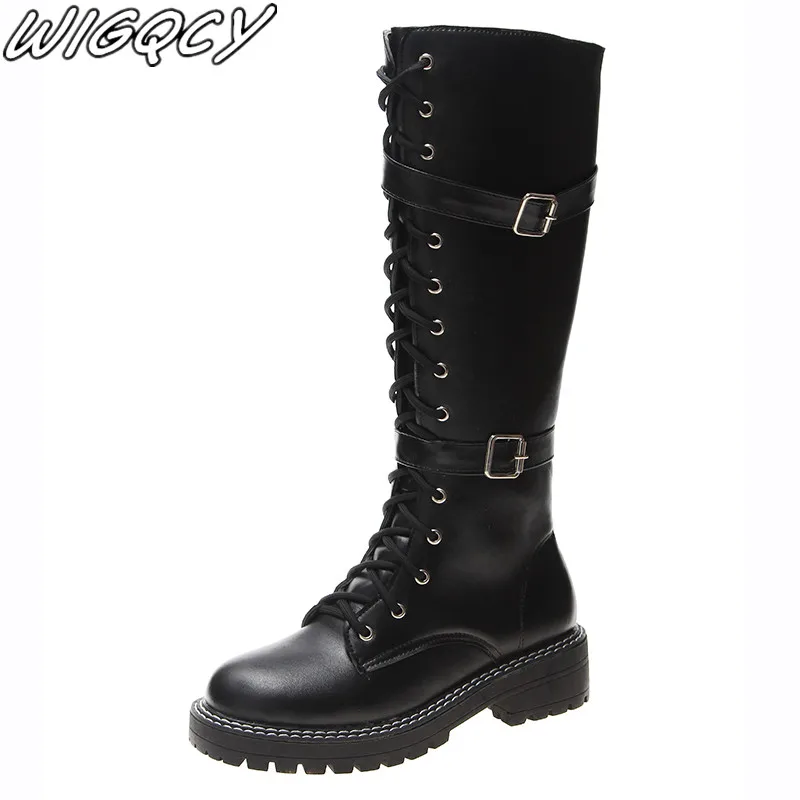 

2021 Sexy Knee-high Boots Lace-up Fashion Women Boots Low Heel Shallow Round Head Winter Boots Side Zipper Leather Boots Size 43