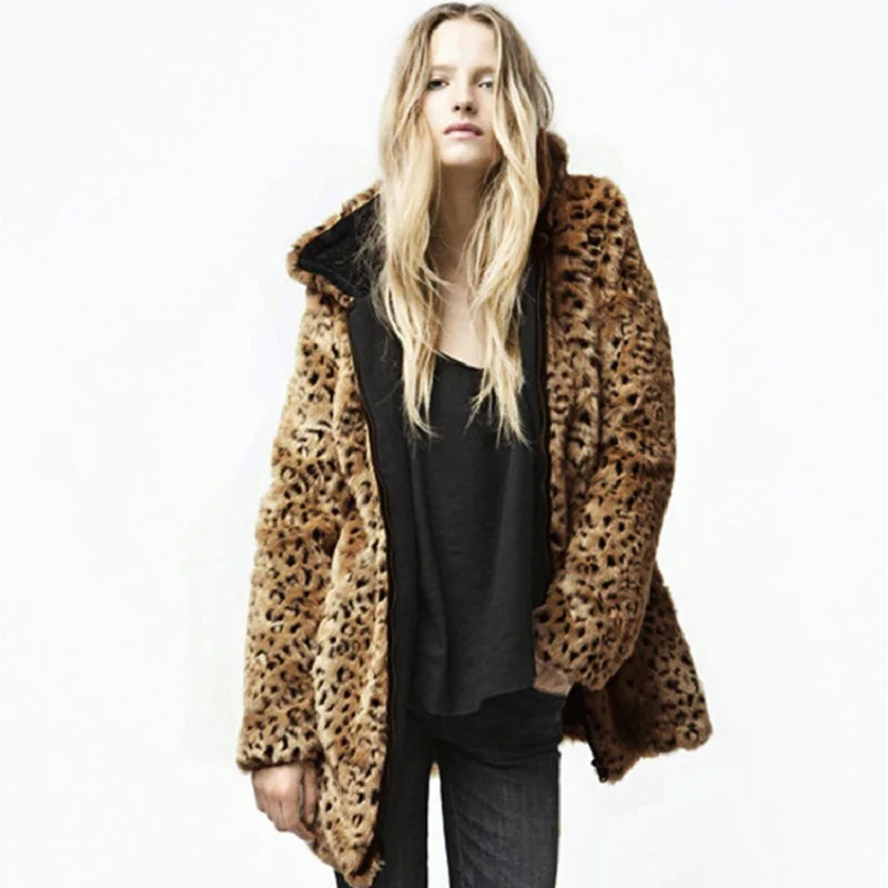 

S-XXL Fall Autumn and Winter Leopard Print Faux Fur Jacket Coat with A Hood Ladies Zipper Design Hoodies Jackets Long Outerwear