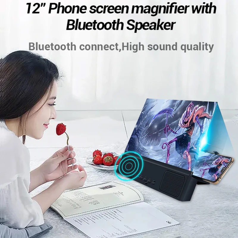 12 inch 3d mobile phone screen magnifier bluetooth stereo speaker hd video amplifier compitable all smart phone eyes protection free global shipping