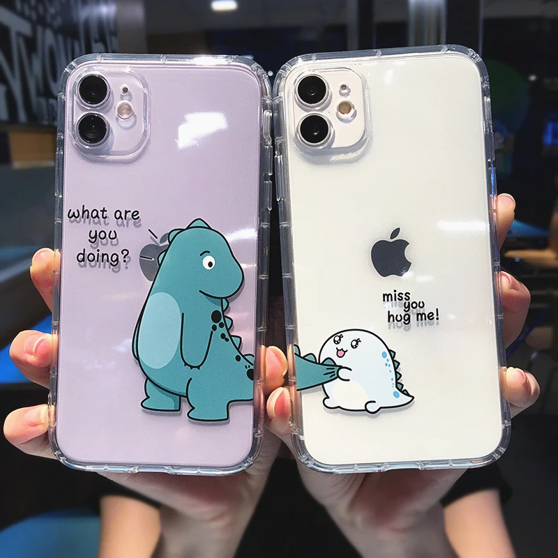 Cute Cartoon Animal Dinosaur Couple Phone Case For iPhone 14 Pro Max 13 12 11 X XS XR 7 8 Plus Transparent Soft Shockproof Cover