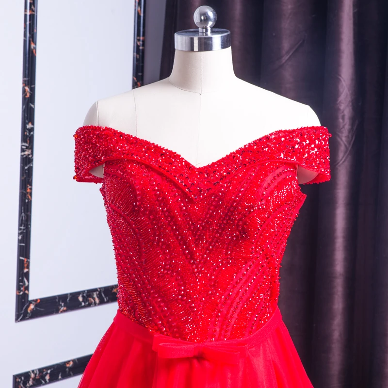 xl9542 ready to wear red prom dress v-neck off shoulder beaded long evening party dress for graduation vestido de festa longo
