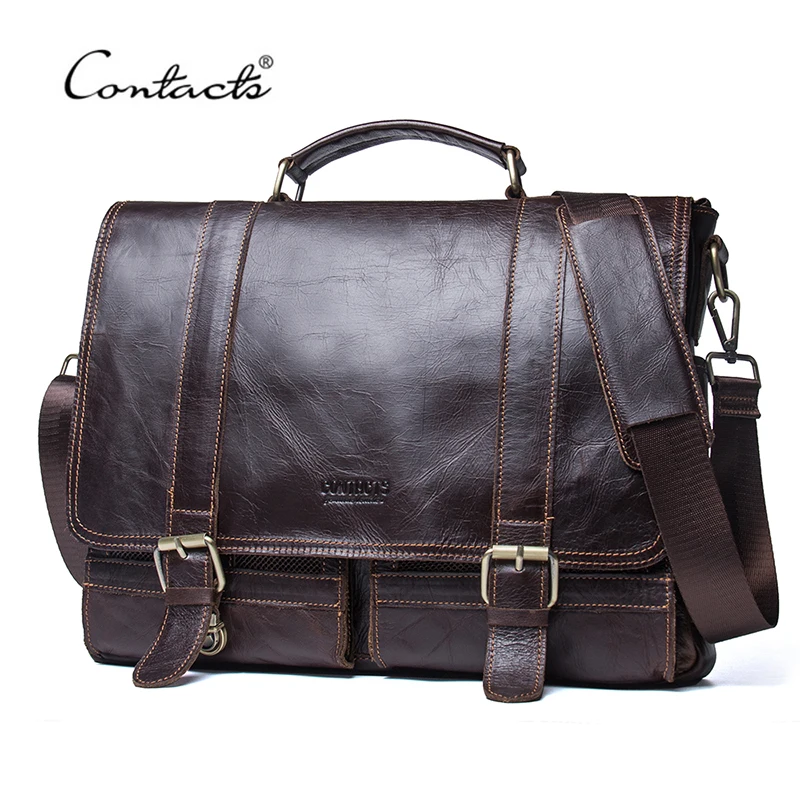 CONTACT'S Men's Briefcase Genuine Leather Business Handbag Laptop Casual Large Shoulder Bag Vintage Messenger Bags Luxury Bolsas