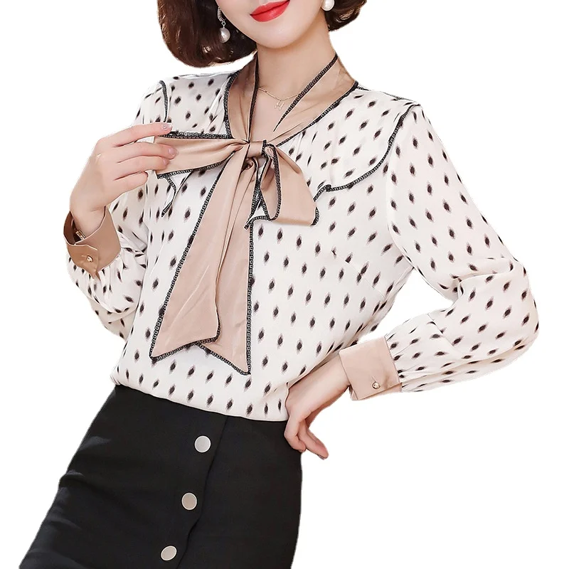 

Женская рубашка с бантом и длинным рукавом, осенняя Тонкая блузка из шелка тутового шелкопряда с принтом, профессиональная одежда, яркая шелковая рубашка с лентой