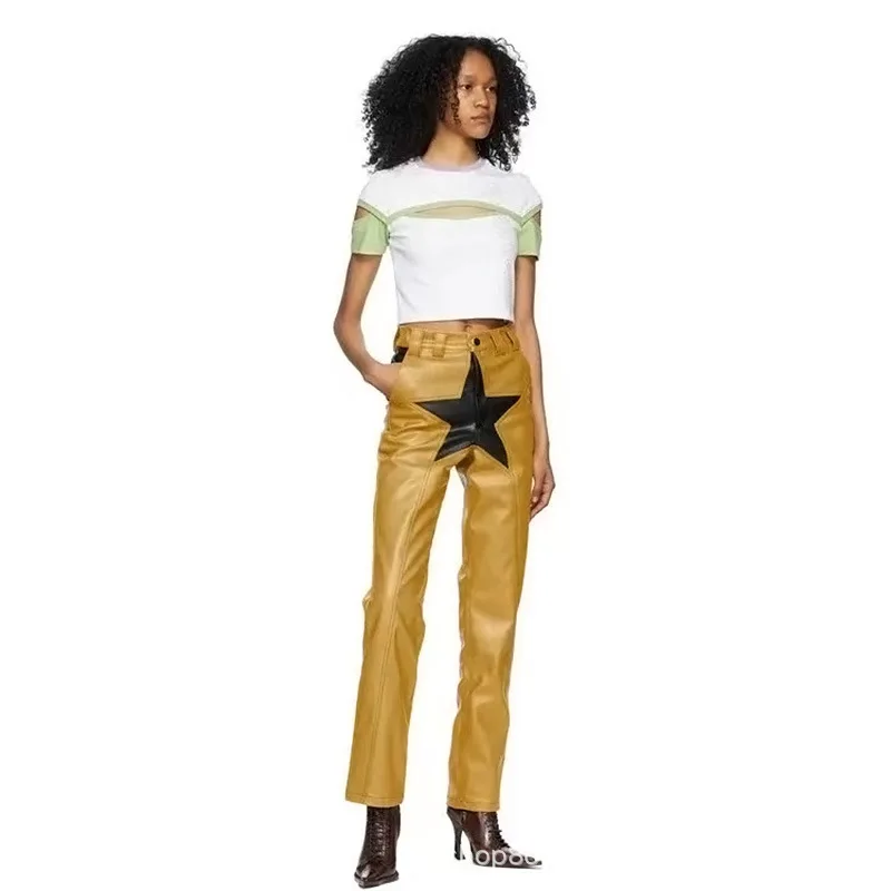 2023 autumn new hit color five-pointed star patchwork PU leather pants for women fashion zipper pants streetwear casual trousers