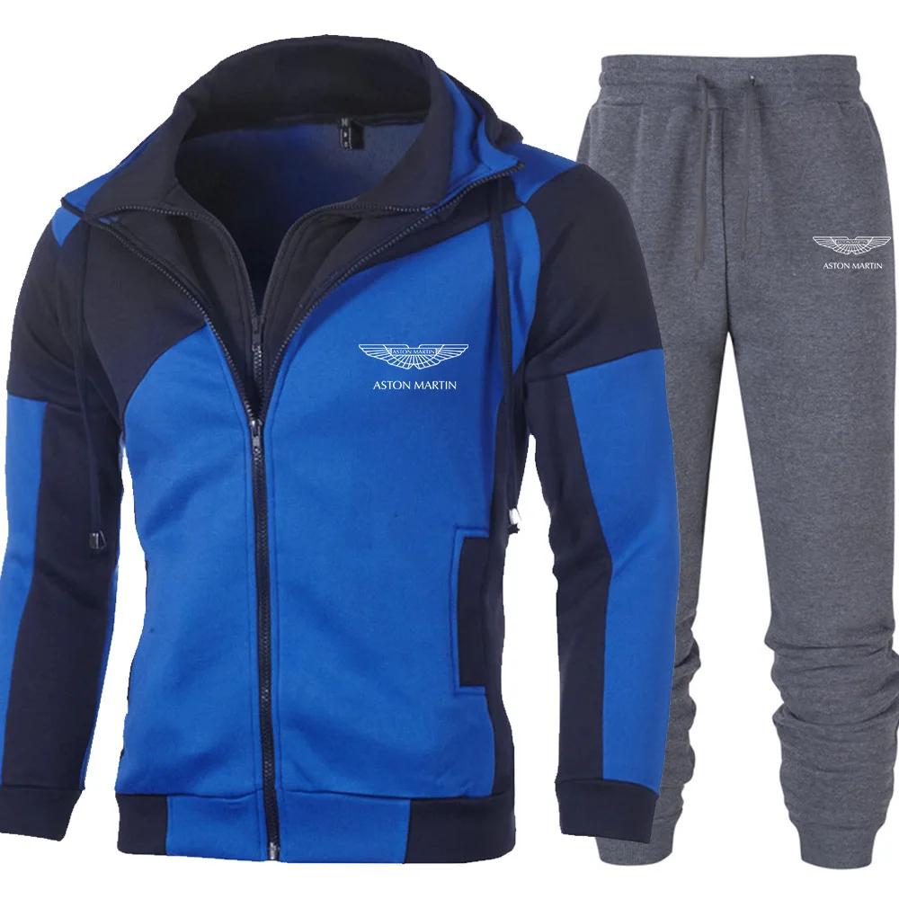 

Spring And Autumn Men Aston Matin Car Logo Patchwork Jacket + Pants 2 Piec Tracksuit Hooded Casual Fashion Long Sleeve Sportsuit