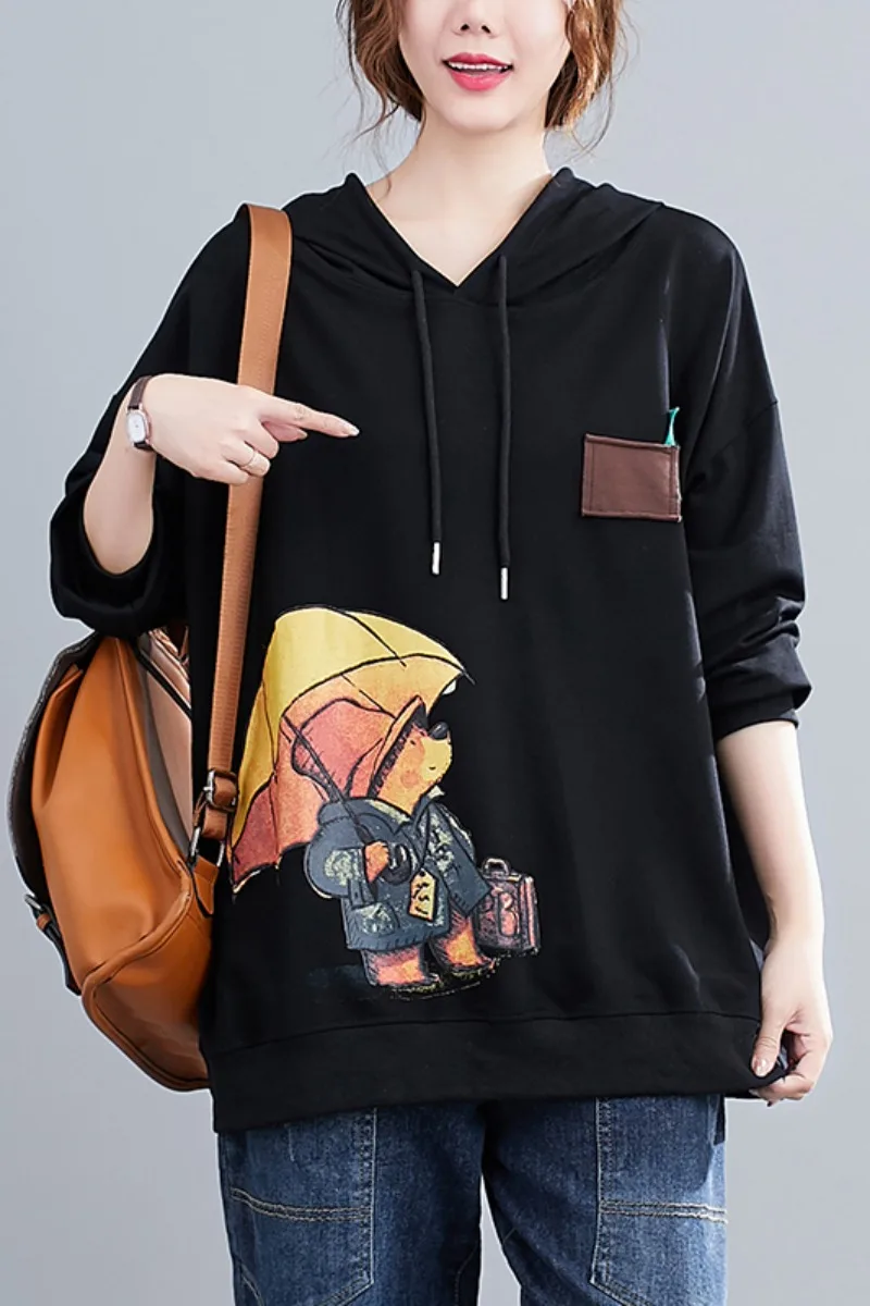 

Fat mm reduce age patch cartoon printing long sleeve T-shirt female spring 2021 the new leisure hooded fleece loose big yards