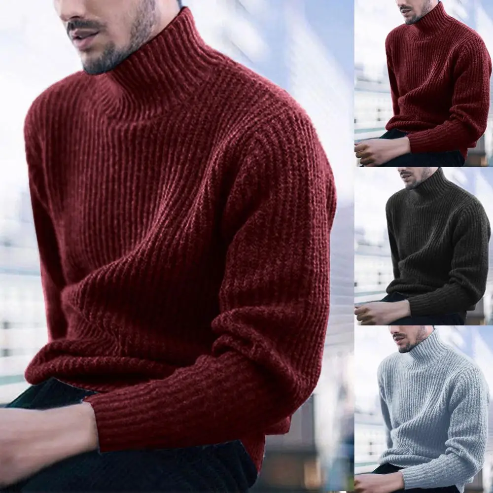 Мужской Однотонный свитер с высоким воротником облегающий трикотажный Мужская