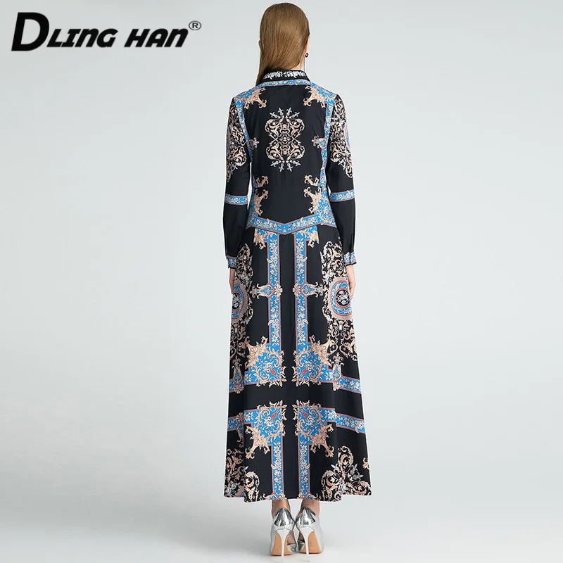 

DLINGHAN Vintage Baroque Print Long Dress Women Diamonds Turn-down Collar High Waist Party Dresses Designer Autumn New