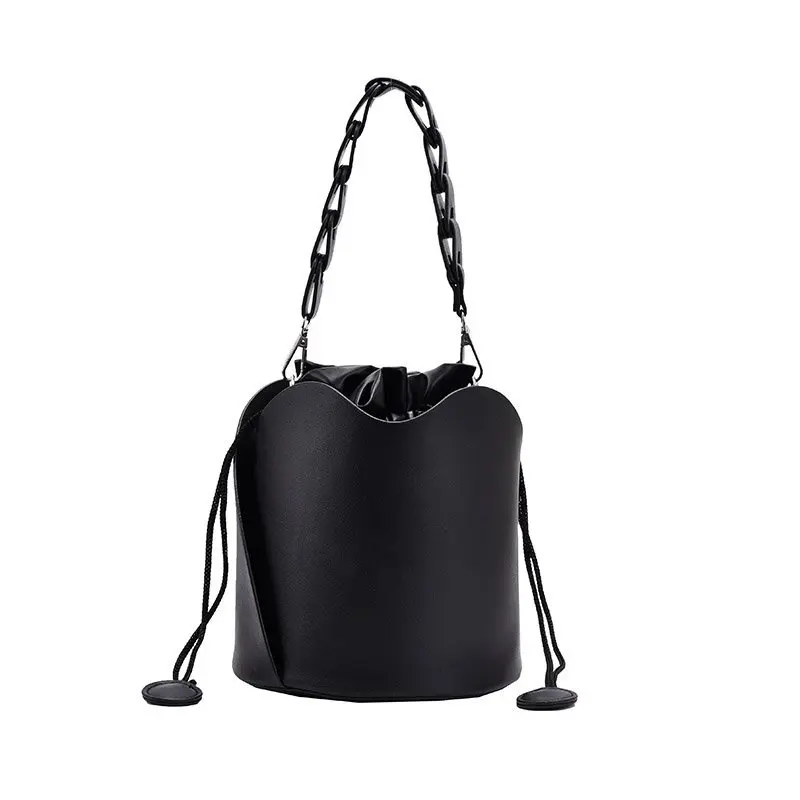 

Solid Color Trending Small PU Leather Bucket Bags for Women 2021 Winter Branded Designer Lady Drawstring Shoulder Handbags