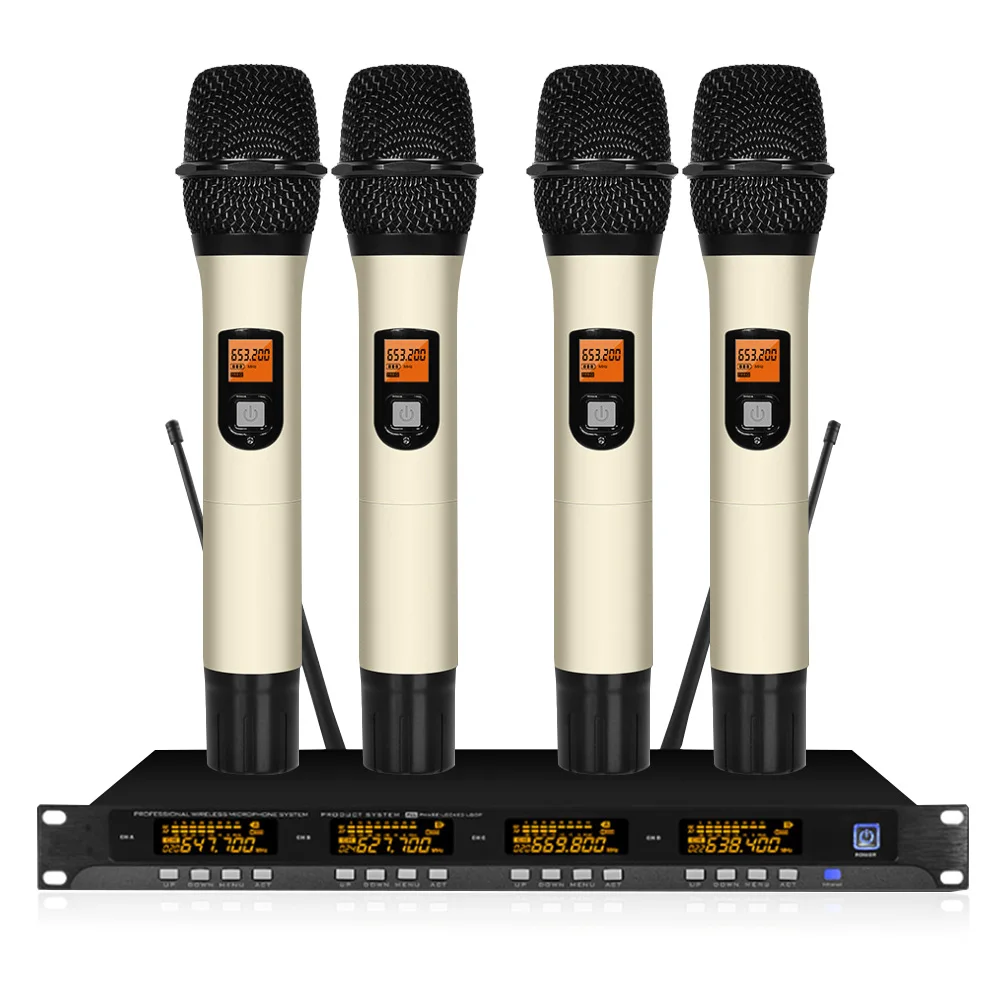 

Metal 4-channel UHF wireless microphone system with 4 conference microphones for conference room presentations