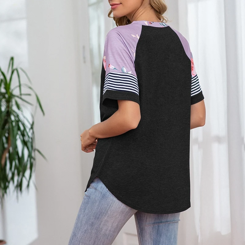 

Summer Print Round Neck T-Shirts Female Tops Women Short Sleeves Color Splicing T-shirts