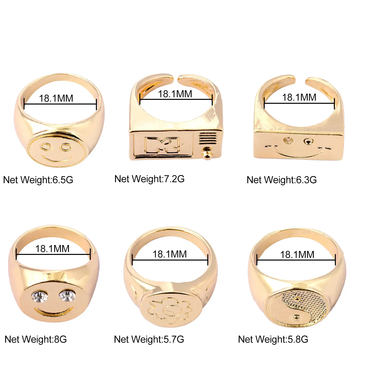 

2021 New Metal Chunky Smiley Face Carved Finger Rings For Women Gold Silver Color Hand Hug Open Ring Minimalist Geometric Jewely