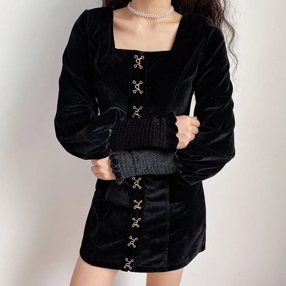 Женское бархатное платье на пуговицах Повседневное платье-мини с длинным