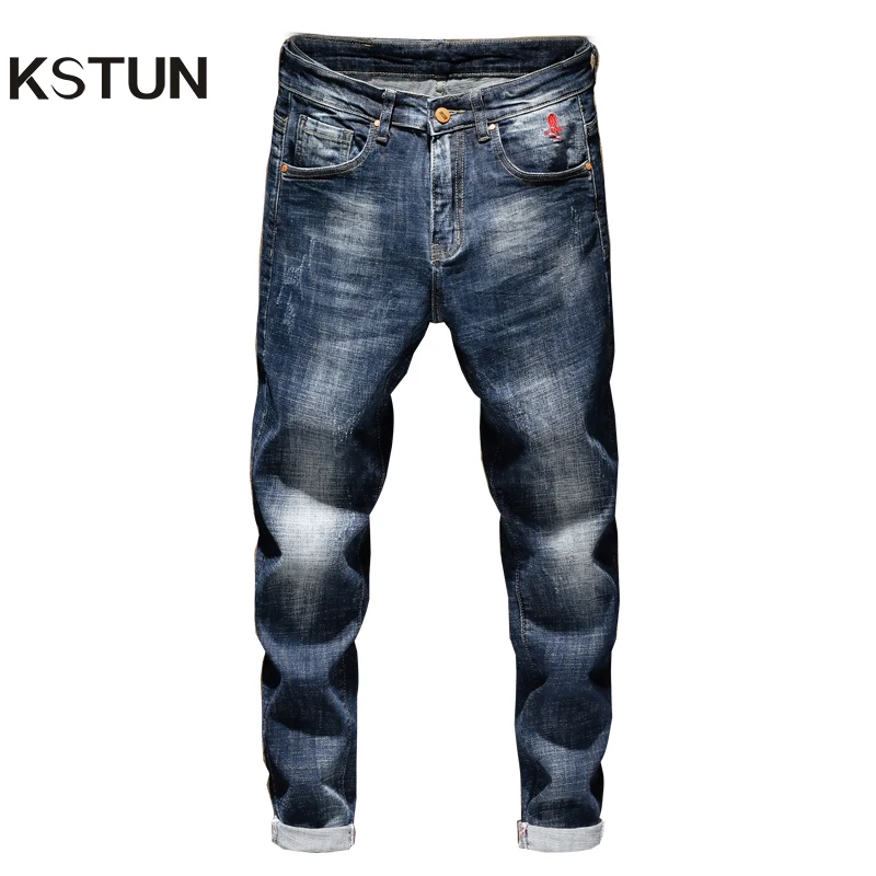 Джинсы мужские облегающие Стрейчевые брюки из денима полной длины с вышивкой