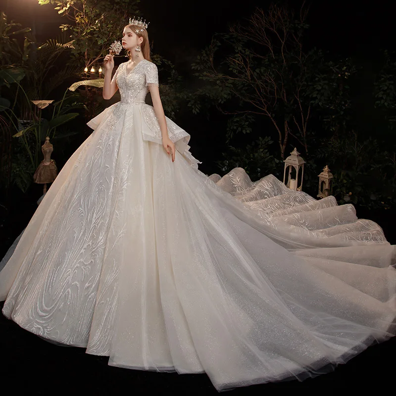 

Luxury V-Neck Wedding Dress Short Sleeve Exquisite Lace Handmade Beaded A-Line New Elegant Chapel Train Princess Bridal Dresses