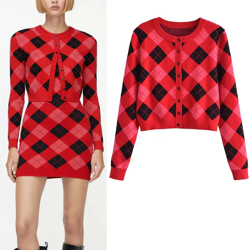 

Za Winter Diamond Lattice Woman's Knitting Cardigan Sweater O-neck Long Sleeve Chic Buttons Sweater Thick Warm Street Sweater