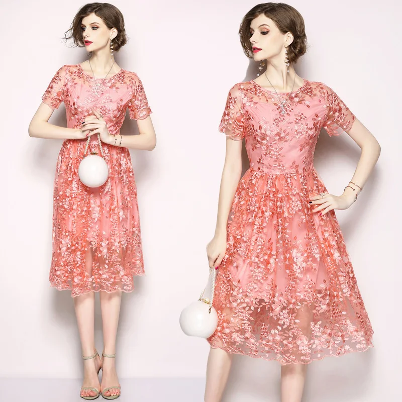 

2021 Summer Fashion Pink Embroidery A Line Prom Dress Fashion Mother Dress Wedding Party Guest Robes Short Sleeve O Neck Vestido