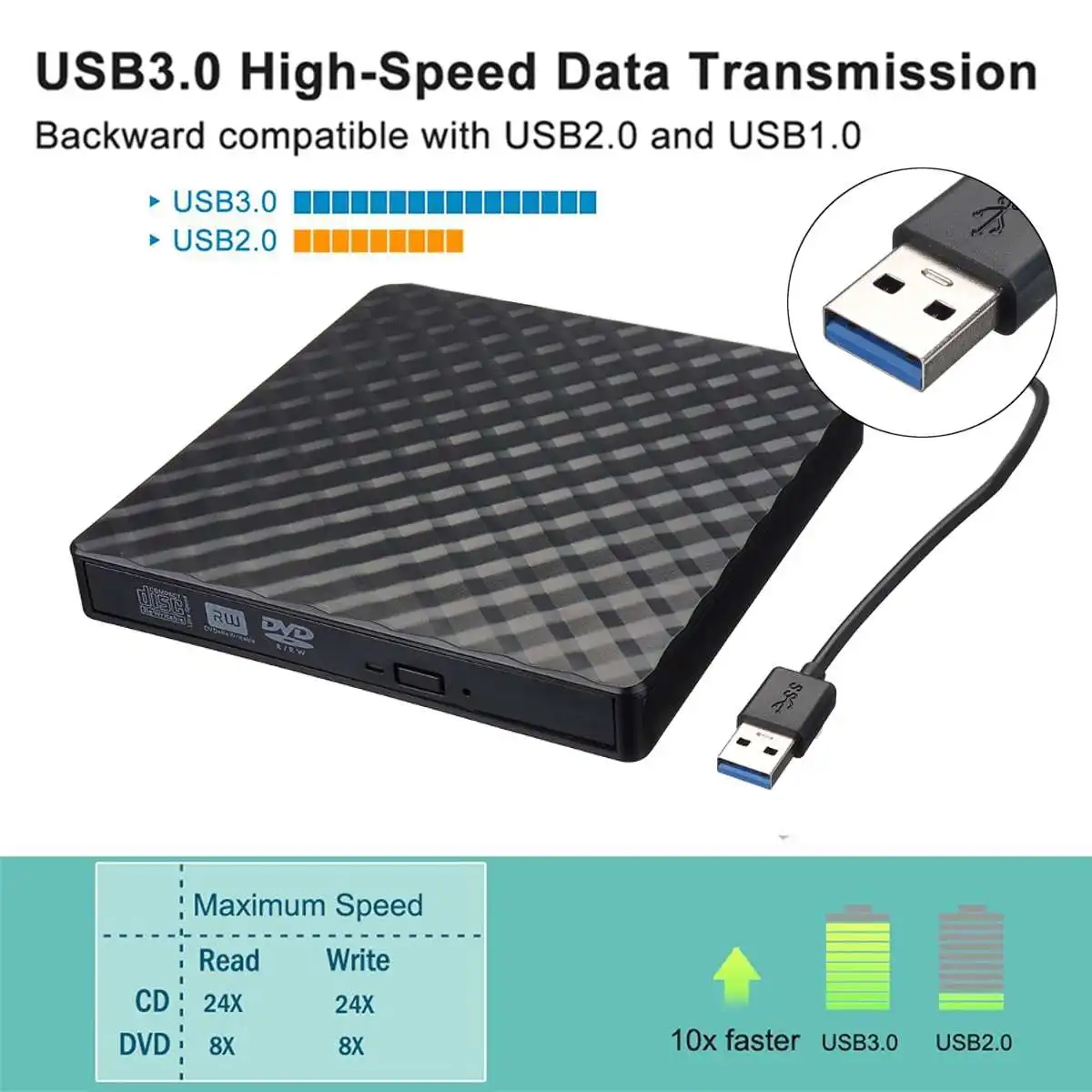Внешний USB3.0 DVD RW CD Writer тонкий оптический привод горелки ридер плеер лоток тип портативный для портативных ПК