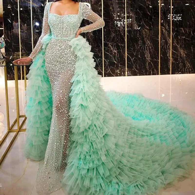 Mint Green Sequined Evening Dresses with Detachable Train Long Sleeve Prom Dress Beads Tier Tulle Skirt Celebrity Pageant | Свадьбы и