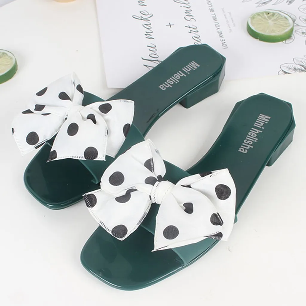 SAGACE Polka Dot Slipper Women Sandals Vintage Square Toe High Heel Summer Bow Slippers Casual Shoes Female | Обувь