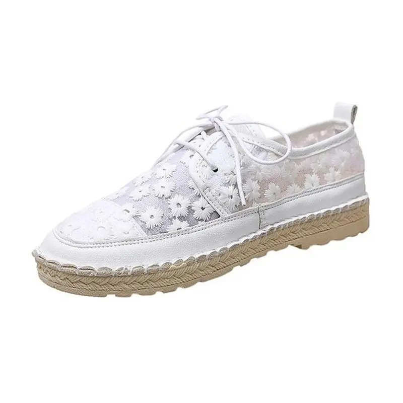 

Trend Designer Women Fashion Sneakers Air Mesh Platform Flats Floral Embroider Hemp Sole Non Slip Lace Up Ladies Girl Shoes 2020