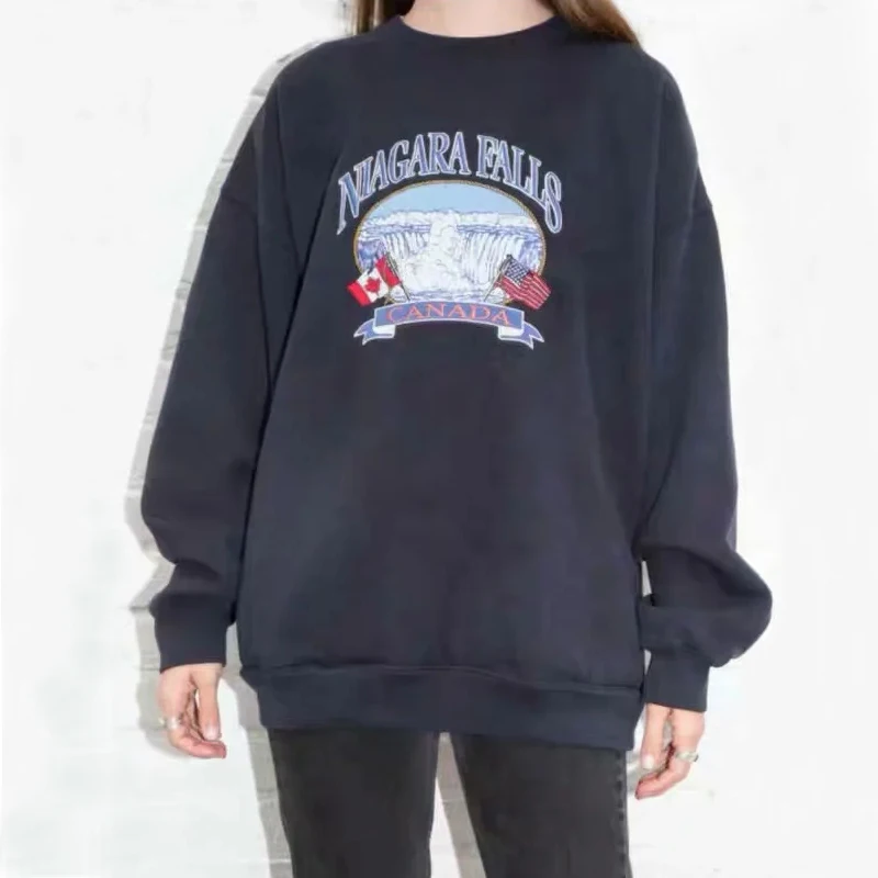 

Europe Women Embroidery Oversized Sweatshirt Long Sleeve Embroidery Pullover H0QP