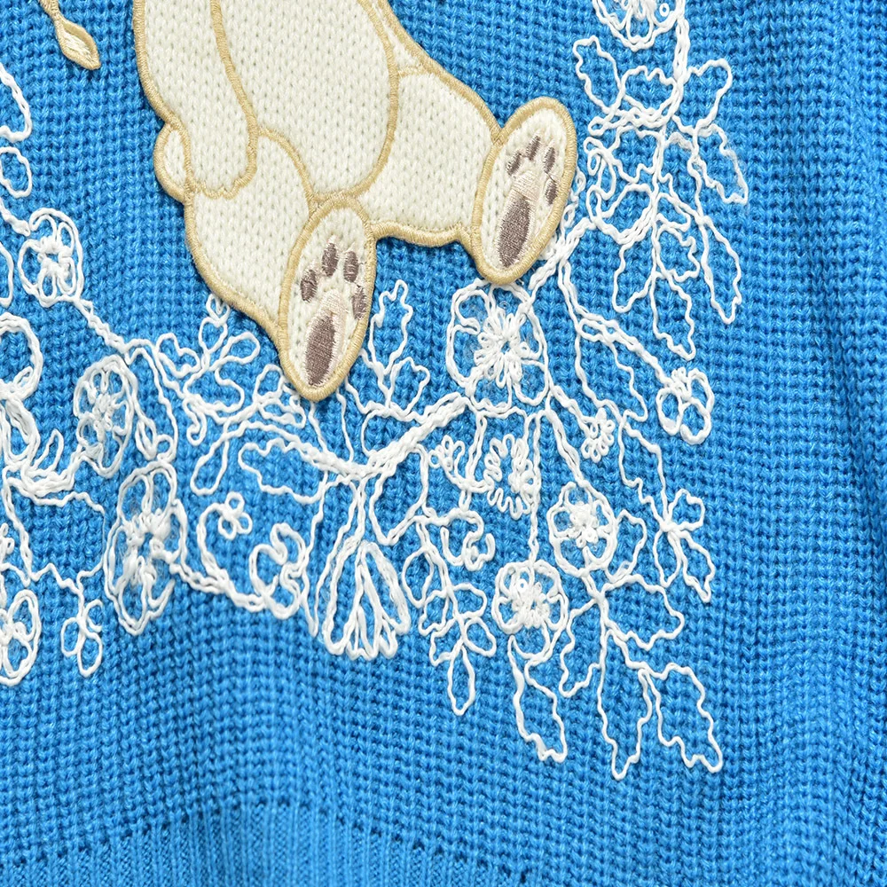 

Unicorn Embroidery Knit Sweater Women's V-neck Blue Short Front and Long Back Stripes Autumn Winter Ladies Pullover 2020 New