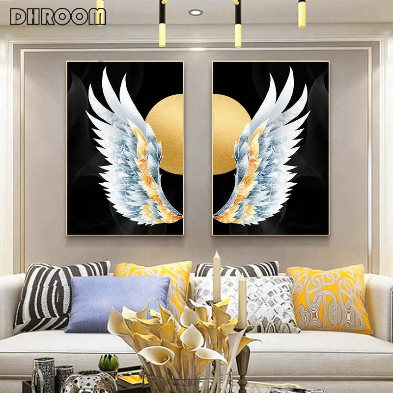 

Abstract Golden Wings Feather Wall Art Canvas Poster Enamel Color Print Modern Minimalist Nordic Decorative Picture Painting