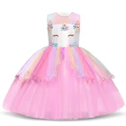 Платье принцессы для девочек, многослойное Тюлевое бальное платье с бантом, с изображением единорога, Белоснежки, цветов, для детской свадьбы, вечеринки, на лето