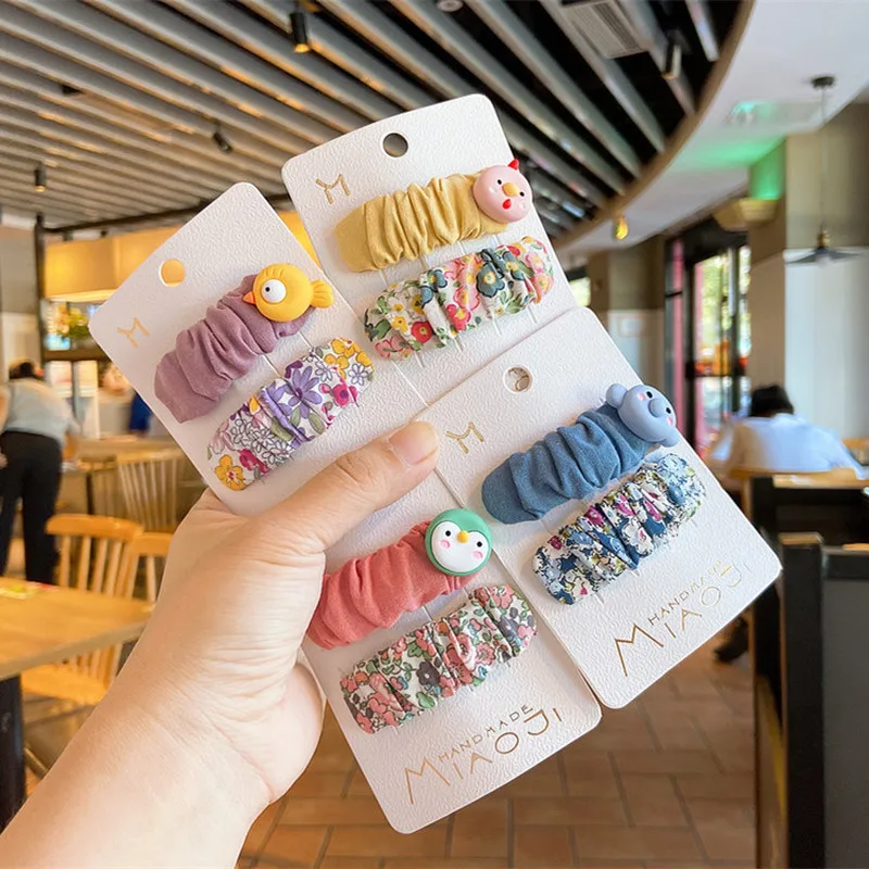 

2 Pcs New Korean Sweet Girl Baby Fashion Cute Cartoon BB Clip Hair Accessories Children's Simple Vintage Floral Fabric Hairpins
