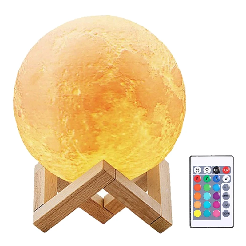 

Детский ночсветильник в виде Луны, USB лампа с 3D рисунком Луны и деревянной подставкой, дистанционное управление касанием, 16 цветов, 4 светиль...