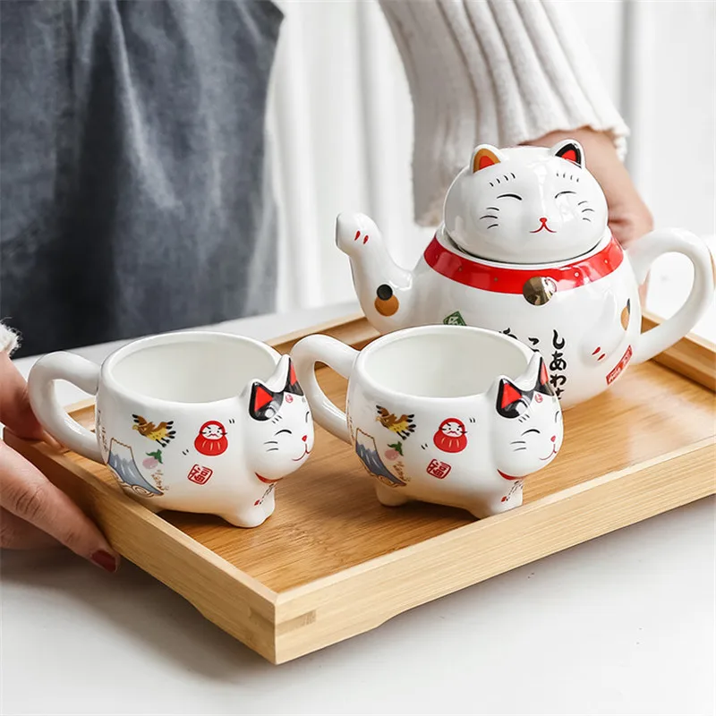 

Японский милый фарфоровый чайный набор счастливая кошка креативная керамическая чайная чашка Манеки Неко чайник с ситечком креативный чай...