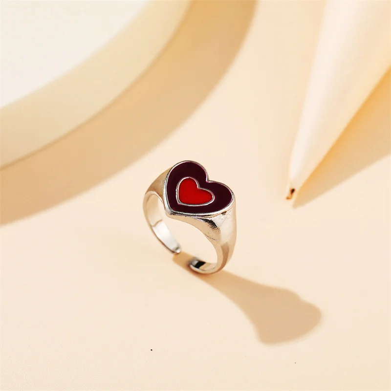 

Korean Fashion Y2K Retro Double Heart-shaped Enamel Women's Drip Oil Color Contrast Opening Metal Ring Couple Jewelry Wholesale