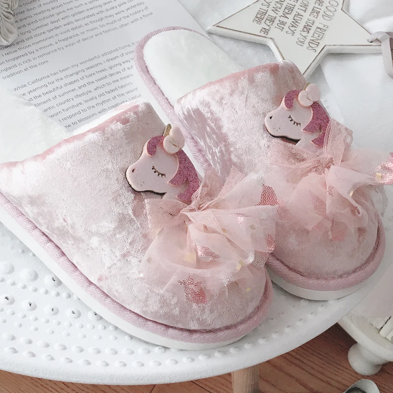 

Autumn Winter Sweet Retro Bright Flour Velvet Women's Home Cotton Indoor Thick Soled Gilr Shoes Female Slippers