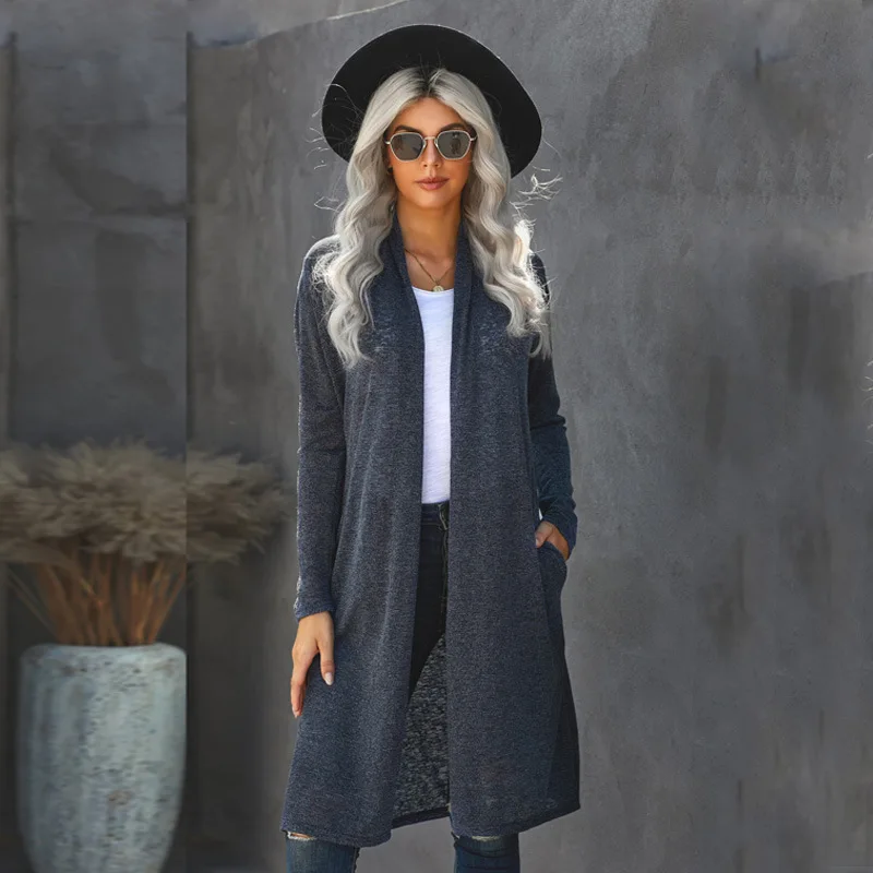 

European and American Solid Color Knitted Autumn Winter New Pocket Casual Coat Cardigan Sweater Women