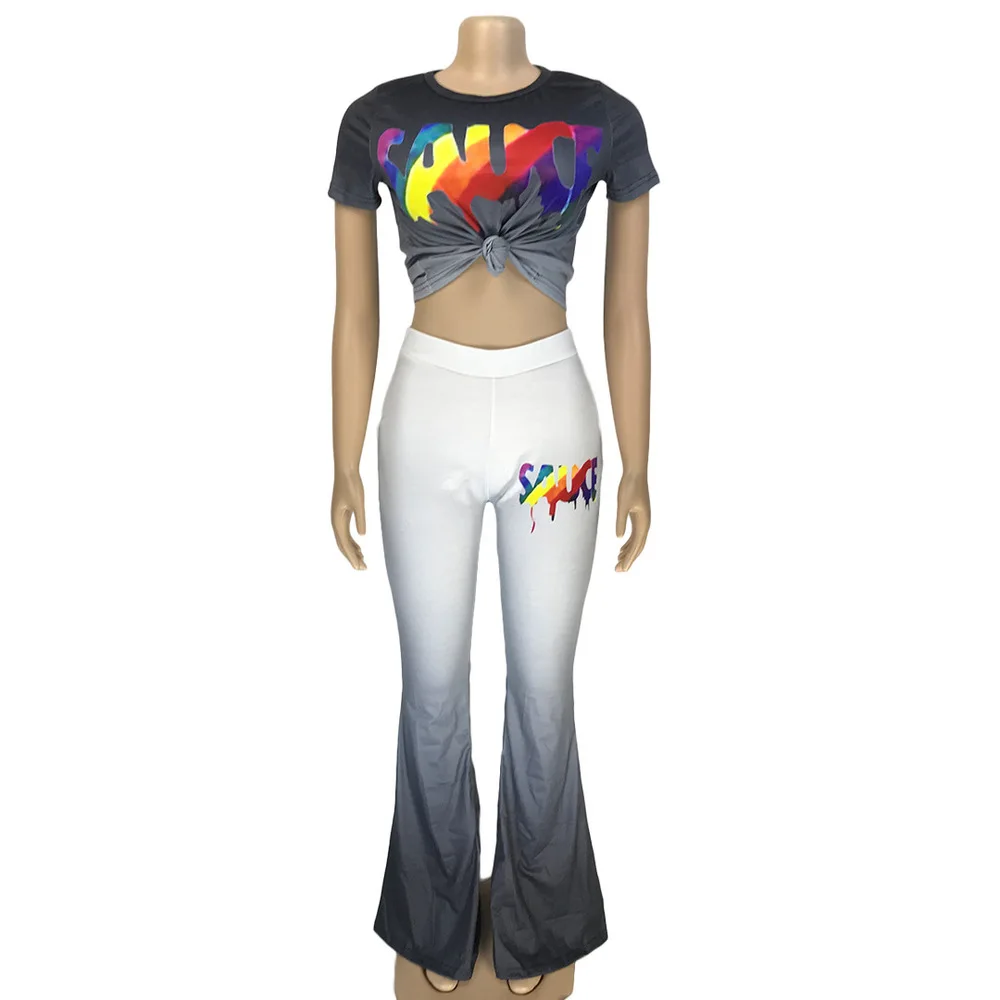 

Gradient Letter Print Two Piece Set Summer Clothes for Women Short Sleeve Bandage Crop Tops and Bell Bottom Pant Streetwear Suit