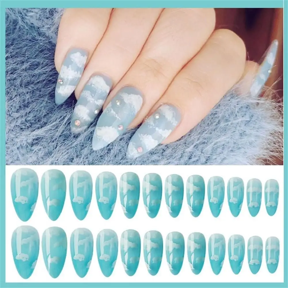 

24Pcs/Set Stiletto Shape Fake Nails Blue Sky White Cloud Pattern Ladies Press On Designed False Nail Tips With Glue Full Cover
