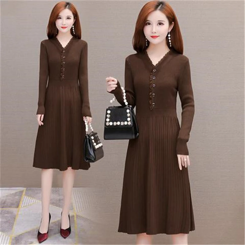 

Spring And Autumn V-Neck Ruffles Long Sleeve Knitted Dress Casual Button Solid Color Dresses Women Elegantes Slim Pullover Dress