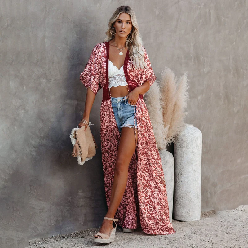 Длинная блузка с принтом в стиле бохо 2021 элегантное пляжное платье-кимоно