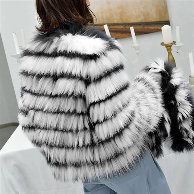 New ladies fur coat womens stripe imitation fox fur cropped top jacket casual top large thin autumn winter плюшевая куртка