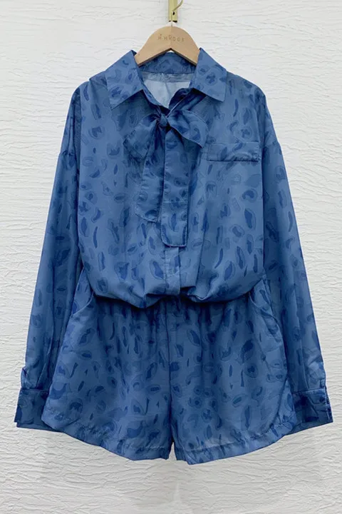 

Blue Leopard Print Long Sleeved Shirt Women's 2021 Summer Sun Protection Shirt Wide Leg Short Lady Two Pieces Short Suit