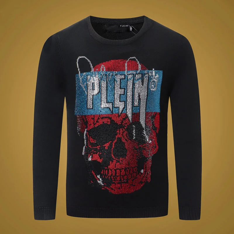 

winter style Men plein brand black sweaters pullover Men long sleeve Skulls pattern hoody warm pullover sweaters for men 803