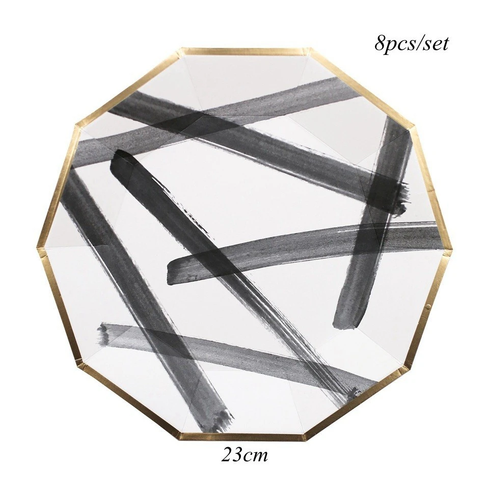 8pcs WB Plate L 1 Набор, синяя серия, полосатая одноразовая посуда, сделай сам, позолоченные бумажные тарелки, посуда для свадебного стола, Декор, принадлежности для дня рождения - Цвет: 8pcs WB Plate L