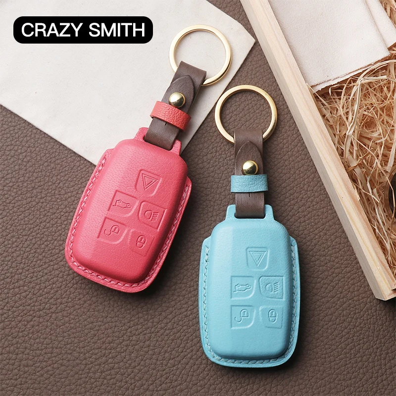 Crazy Smith Handmade Car Key Case Cover for Land Rover 5 Buttons Vegetable Tanned Leather High Quality New Year's Gift Brown Red |