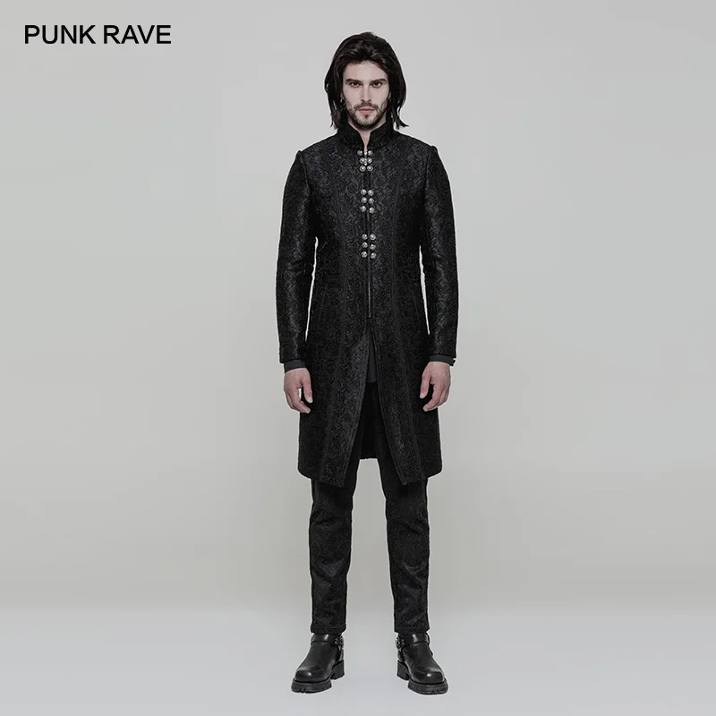 Фото Мужское жаккардовое пальто средней длины черное готическое в стиле стимпанк с