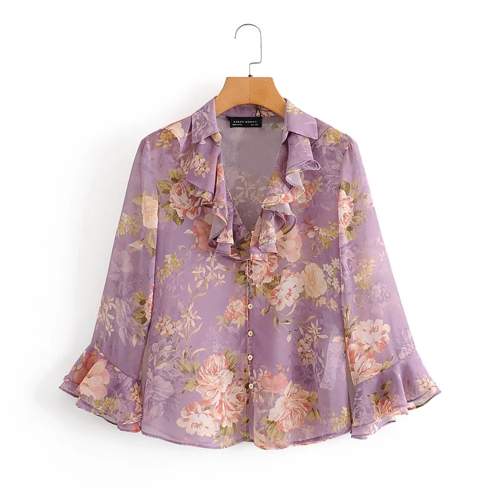 

shirt long-sleeved laminated shirt summer front-breasted V-neck decorative women's printed new draped style